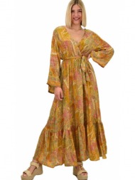 γυναικείο μεταξωτό boho φόρεμα με ζώνη μπεζ 20469