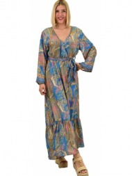 γυναικείο μεταξωτό boho φόρεμα με ζώνη μπλε 20511