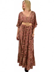γυναικείο μεταξωτό boho φόρεμα με κρόσια ροζ 20523