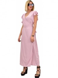 γυναικείο φόρεμα κρουαζέ αμάνικο με ζωνάκι ροζ 20536