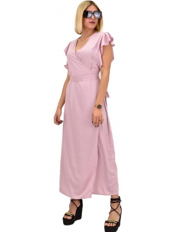 γυναικείο φόρεμα κρουαζέ αμάνικο με ζωνάκι ροζ 20536