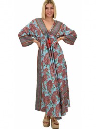 γυναικείο μεταξωτό boho φόρεμα με κρόσια μπλε 20588