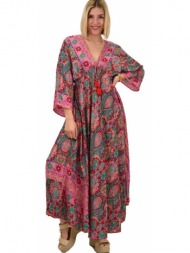 γυναικείο μεταξωτό boho φόρεμα με κρόσια ροζ 20596
