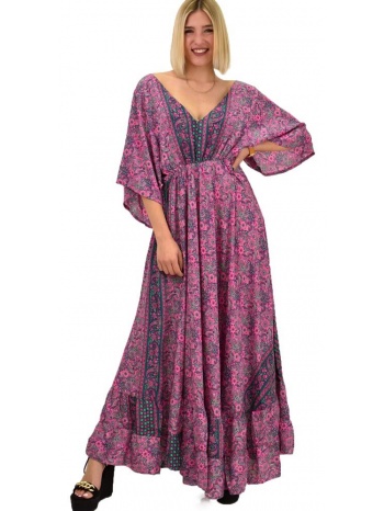 γυναικείο μεταξωτό boho φόρεμα με κρόσια ροζ 20524