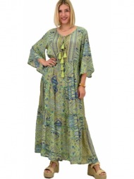 γυναικείο μεταξωτό boho φόρεμα με βολάν λαχανί 20538