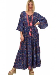 γυναικείο μεταξωτό boho φόρεμα με βολάν μπλε σκούρο 20540