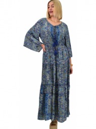 γυναικείο μεταξωτό boho φόρεμα με βολάν μπλε σκούρο 20541