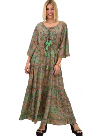 γυναικείο μεταξωτό boho φόρεμα με βολάν ροζ 20553