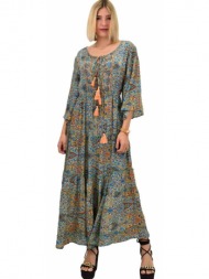 γυναικείο μεταξωτό boho φόρεμα με βολάν μπλε 20556