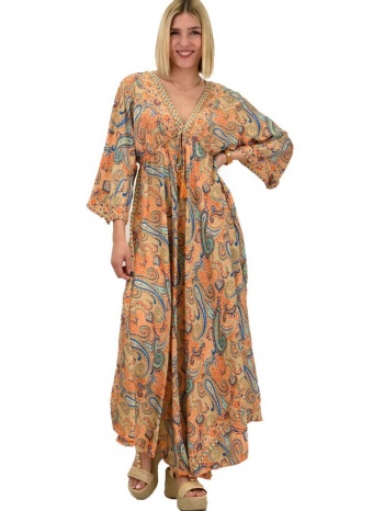 γυναικείο μεταξωτό boho φόρεμα με κρόσια πορτοκαλί 20591