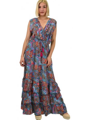 γυναικείο μεταξωτό boho φόρεμα με βολάν γαλάζιο 20638