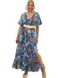 γυναικείο μεταξωτό boho φόρεμα με κουμπιά χωρίς ζώνη γαλάζιο 20647