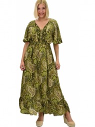 γυναικείο μεταξωτό boho φόρεμα με κουμπιά χωρίς ζώνη χακί 20650