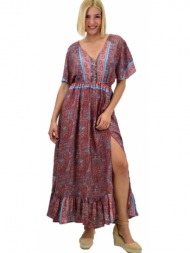 γυναικείο μεταξωτό boho φόρεμα με κουμπιά χωρίς ζώνη μπλε 20652