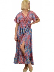 γυναικείο μεταξωτό boho φόρεμα με κουμπιά χωρίς ζώνη μπλε 20660