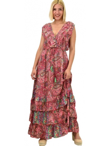 γυναικείο μεταξωτό boho φόρεμα με βολάν ροζ 20634