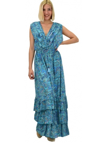 γυναικείο μεταξωτό boho φόρεμα με βολάν γαλάζιο 20637
