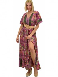 γυναικείο μεταξωτό boho φόρεμα με κουμπιά χωρίς ζώνη ματζέντα 20641