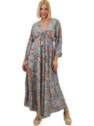 γυναικείο μεταξωτό boho φόρεμα με κρόσια μπλε 20705