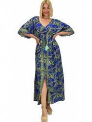 γυναικείο μεταξωτό boho φόρεμα με κρόσια μπλε 20857