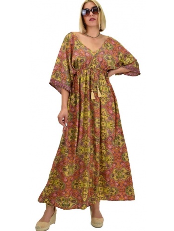 γυναικείο μεταξωτό boho φόρεμα με κρόσια ροζ 20863