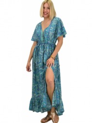 γυναικείο μεταξωτό boho φόρεμα με κουμπιά χωρίς ζώνη βεραμάν 20915