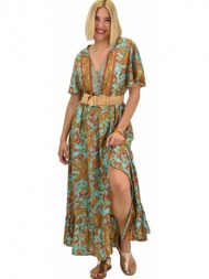 γυναικείο μεταξωτό boho φόρεμα με κουμπιά χωρίς ζώνη βεραμάν 20919