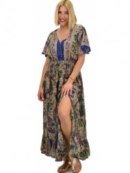 γυναικείο μεταξωτό boho φόρεμα με κουμπιά χωρίς ζώνη μπλε 20921