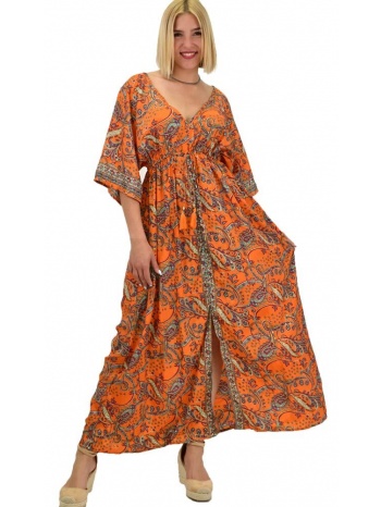γυναικείο μεταξωτό boho φόρεμα με κρόσια πορτοκαλί 20855
