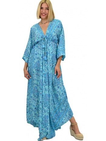 γυναικείο μεταξωτό boho φόρεμα με κρόσια μπλε 20895