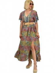 γυναικείο μεταξωτό boho φόρεμα με κουμπιά χωρίς ζώνη κόκκινο 20908