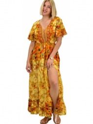 γυναικείο μεταξωτό boho φόρεμα με κουμπιά χωρίς ζώνη κεραμιδί 20917