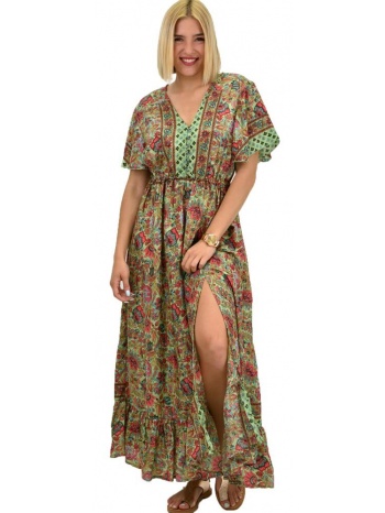 γυναικείο μεταξωτό boho φόρεμα με κουμπιά χωρίς ζώνη λαδί