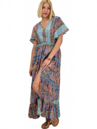 γυναικείο μεταξωτό boho φόρεμα με κουμπιά χωρίς ζώνη μπλε 20934