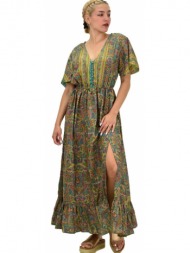 γυναικείο μεταξωτό boho φόρεμα με κουμπιά χωρίς ζώνη πράσινο 20986