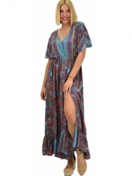 γυναικείο μεταξωτό boho φόρεμα με κουμπιά χωρίς ζώνη μπλε 20925