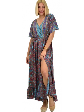 γυναικείο μεταξωτό boho φόρεμα με κουμπιά χωρίς ζώνη μπλε