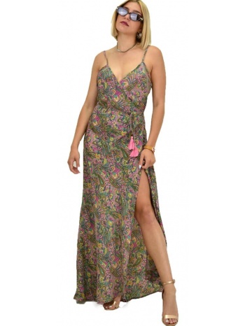 γυναικείο boho φόρεμα με κρόσια maxi λιλά 20948