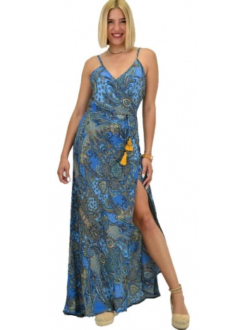 γυναικείο boho φόρεμα με κρόσια maxi μπλε 20961