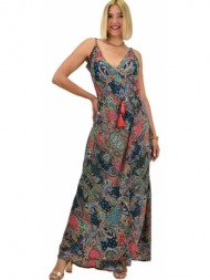 γυναικείο boho φόρεμα με κρόσια maxi μπλε 20964
