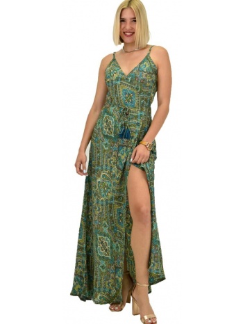 γυναικείο boho φόρεμα με κρόσια maxi χακί 20969
