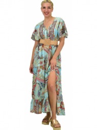 γυναικείο μεταξωτό boho φόρεμα με κουμπιά χωρίς ζώνη μέντα 20980