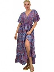 γυναικείο μεταξωτό boho φόρεμα με κουμπιά χωρίς ζώνη μπλε 20984