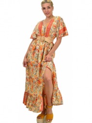 γυναικείο μεταξωτό boho φόρεμα με κουμπιά χωρίς ζώνη πορτοκαλί 21156