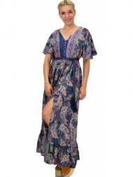 γυναικείο μεταξωτό boho φόρεμα με κουμπιά χωρίς ζώνη μπλε σκούρο 21164