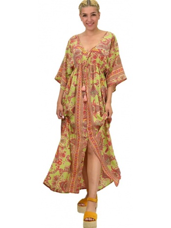 γυναικείο μεταξωτό boho φόρεμα με κρόσια πράσινο 21174