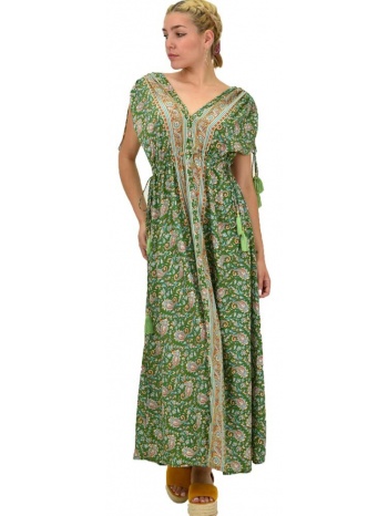 γυναικείο μεταξωτό boho φόρεμα με κρόσια πράσινο 21190