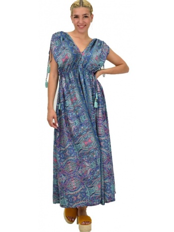 γυναικείο μεταξωτό boho φόρεμα με κρόσια μπλε 21196