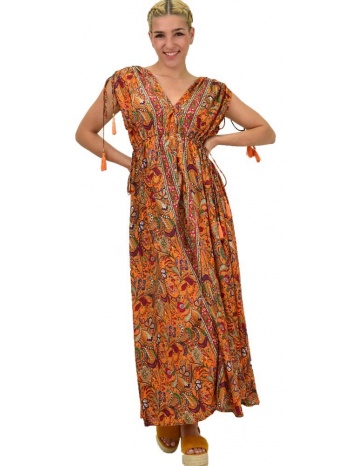 γυναικείο μεταξωτό boho φόρεμα με κρόσια πορτοκαλί 21198