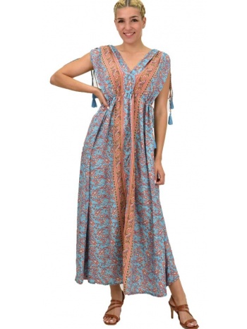 γυναικείο μεταξωτό boho φόρεμα με κρόσια μπλε 21273